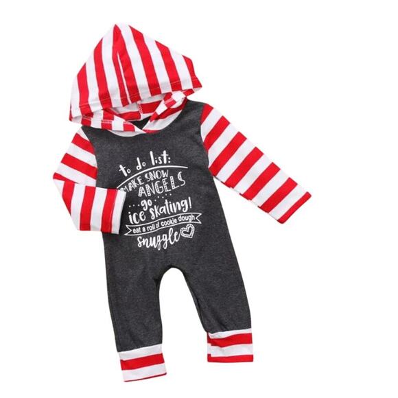 Gender Neutral "To Do List" Baby Christmas Long Sleeved Hooded Romper - Picture 3 of 3